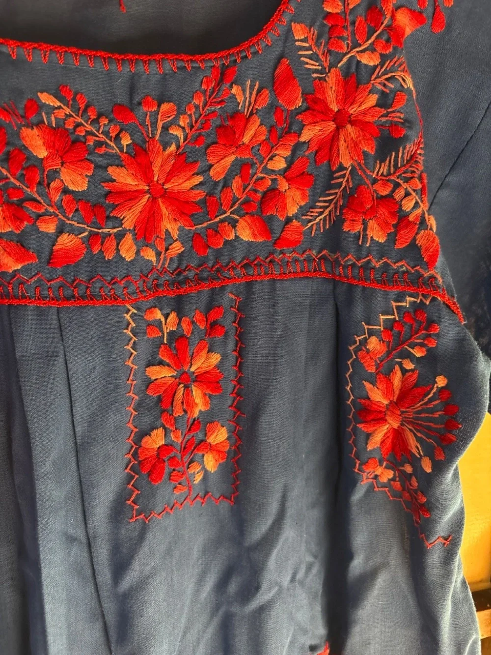 Vintage dress, pink/red embroidered blue dress - Picture 2 of 4